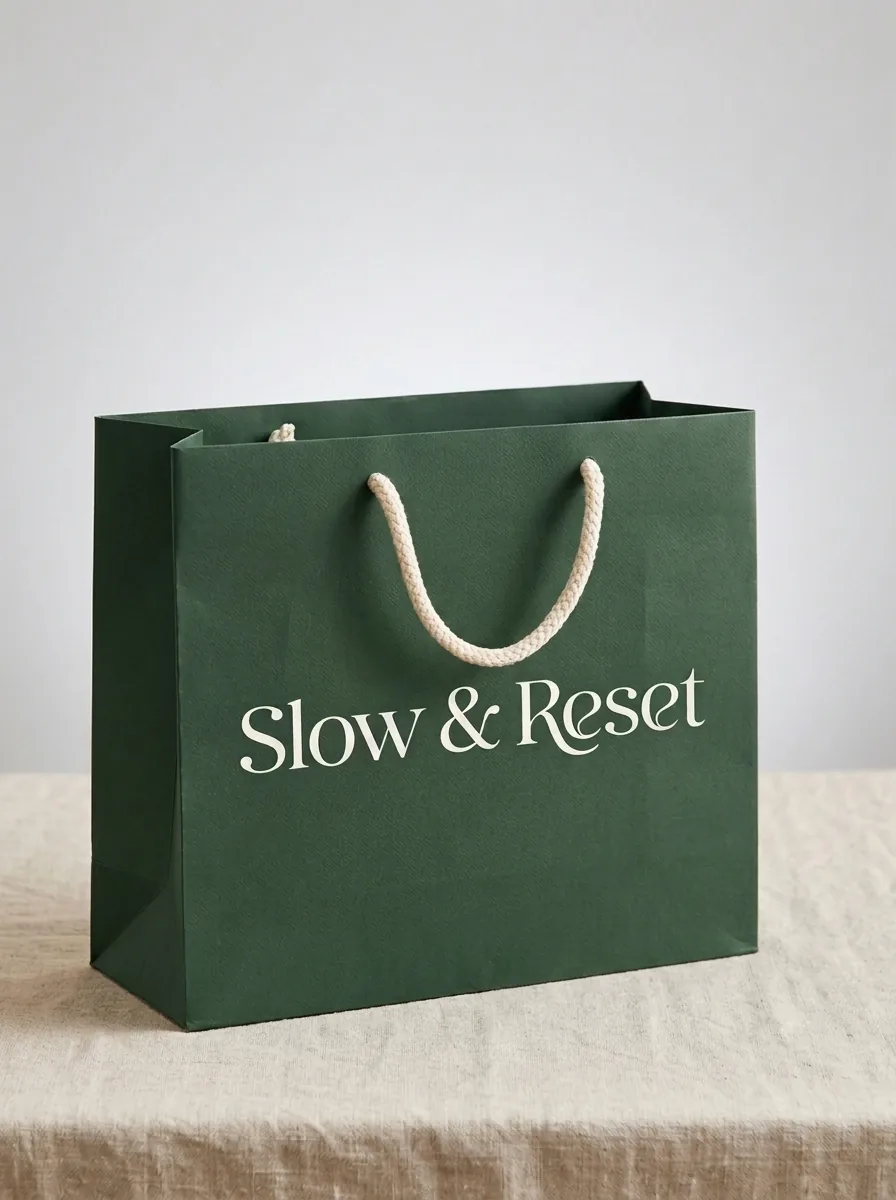Packaging de Slow & Reset sobre una superficie textil clara